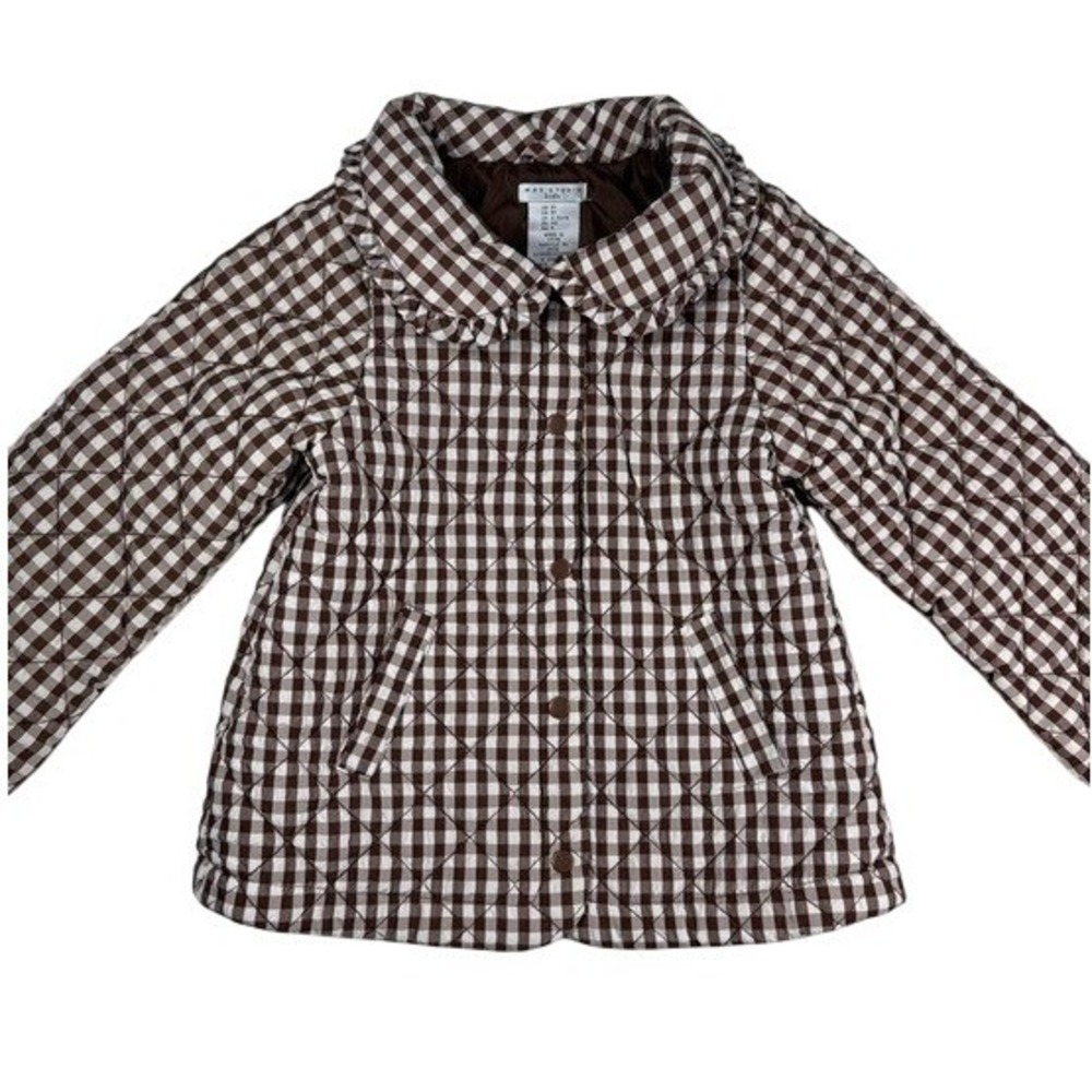 Max Studio Kid's Cute Quilted Jacket Brown Gingham Girls Ruffle Collar 5T